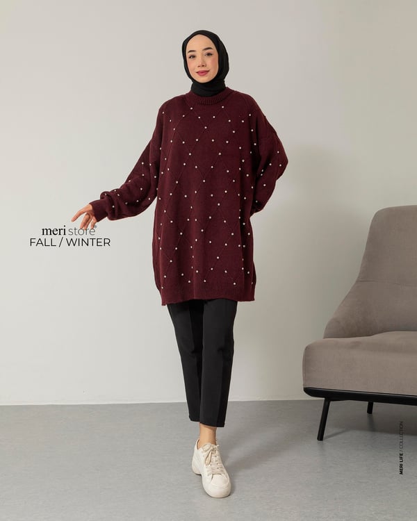 Oversize Taş İşlemeli Bordo Triko Kazak