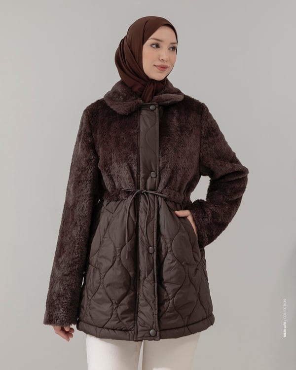 Peluş Garnili Kapitone Kahve Mont