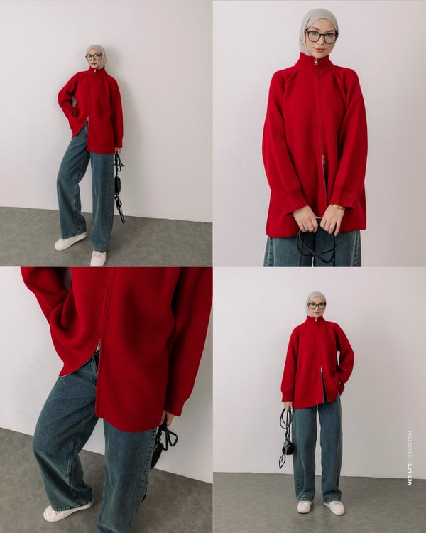 Rosie Fermuarlı Kırmızı Pike Hırka