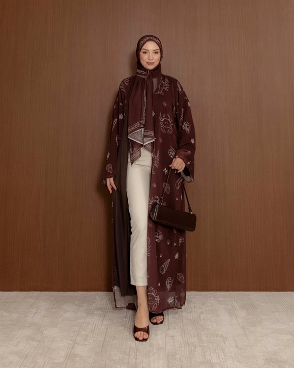 Şal Detaylı Desenli Kahve Abaya
