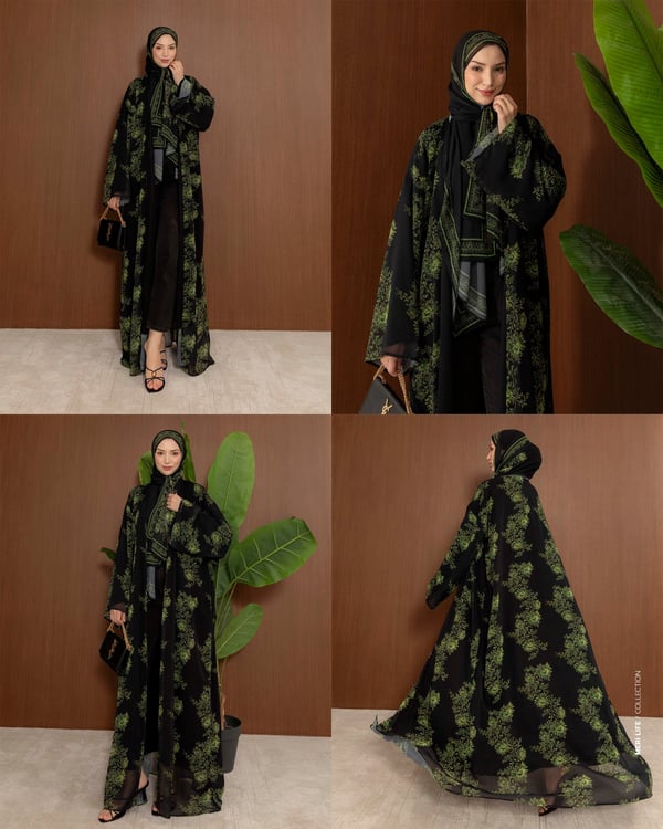 Şal Detaylı Desenli Siyah-Yeşil Abaya
