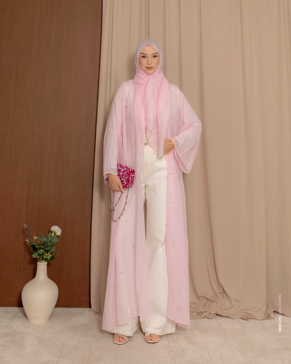 Şal Detaylı Taş İşleme Pembe Abaya