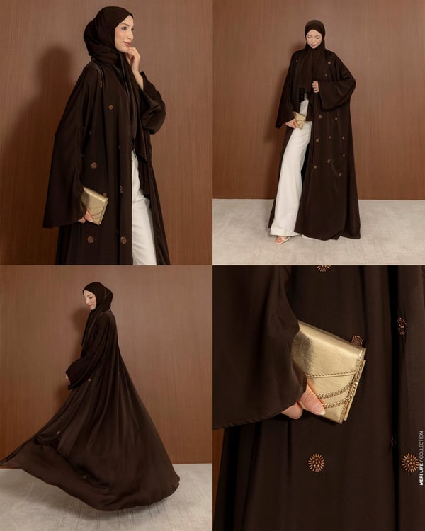 Şal Detaylı Taş İşlemeli Kahve Abaya