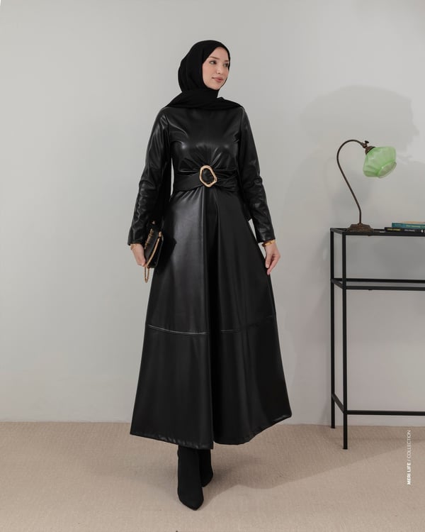 Şardonlu Siyah Deri Elbise
