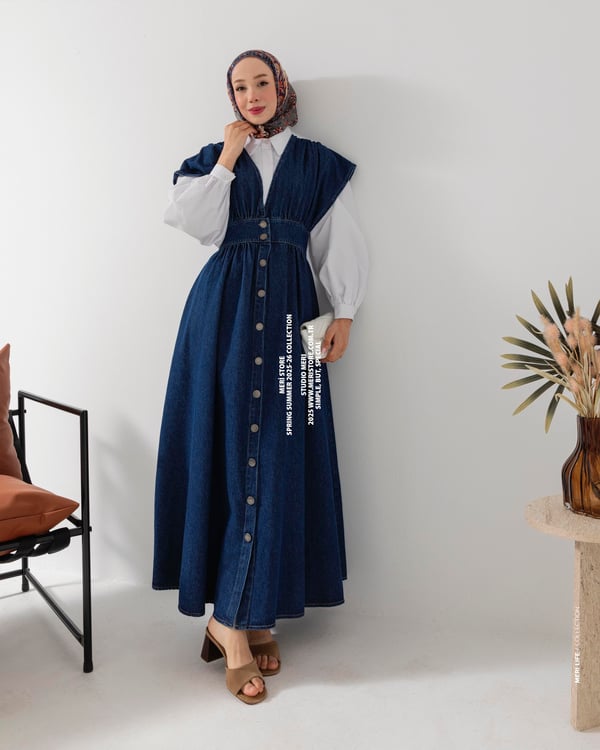 V Yaka Düğmeli Lacivert Denim Jile