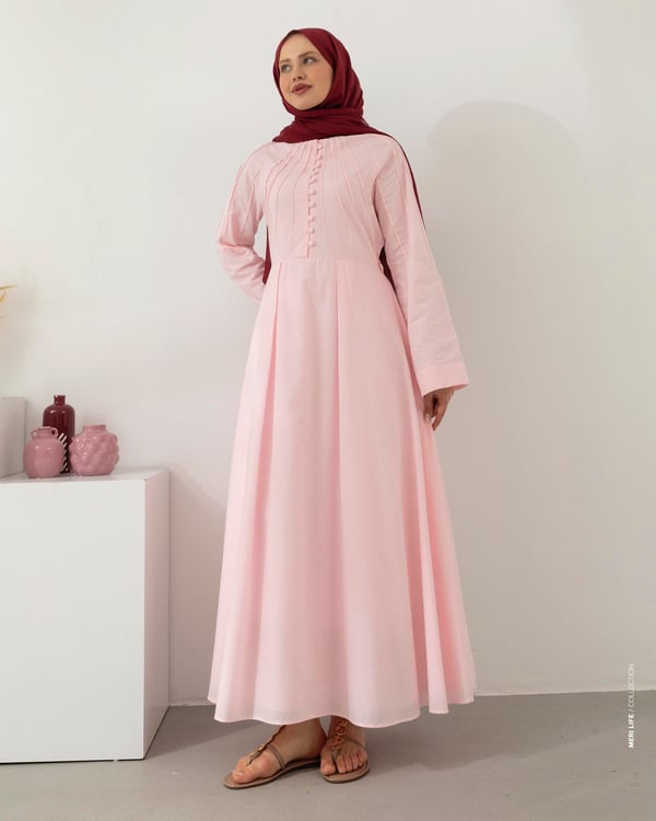 Yarım Pat Düğmeli Pembe Elbise
