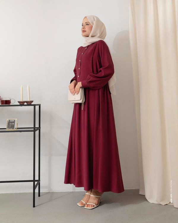 Yelek Detaylı Bordo Elbise