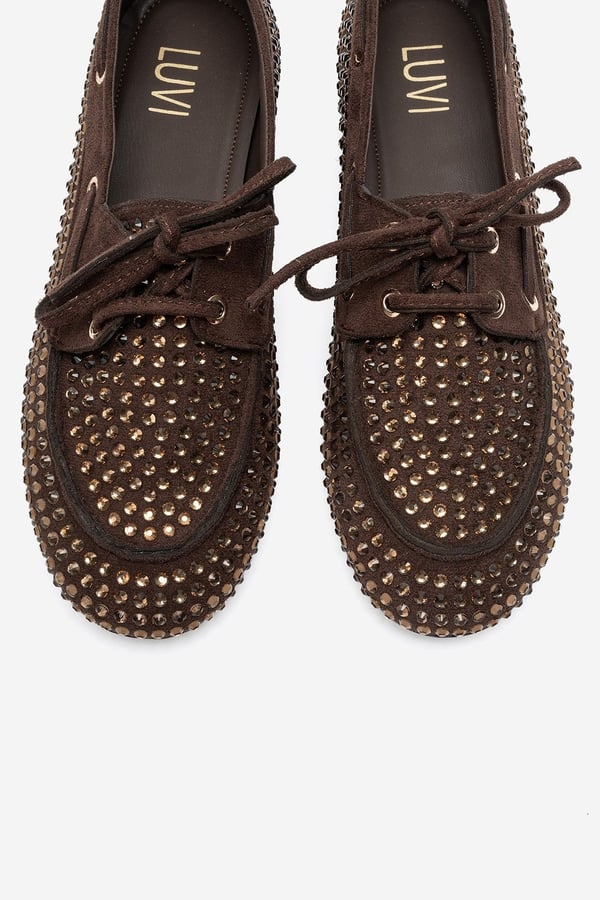 193-507-2-KAHVERENGI SUETANNEX Kahverengi Süet Taşlı Kadın Loafer Ayakkabı