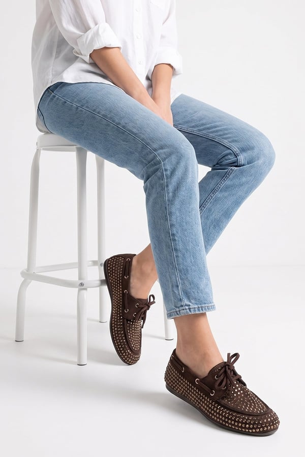 193-507-2-KAHVERENGI SUETANNEX Kahverengi Süet Taşlı Kadın Loafer Ayakkabı