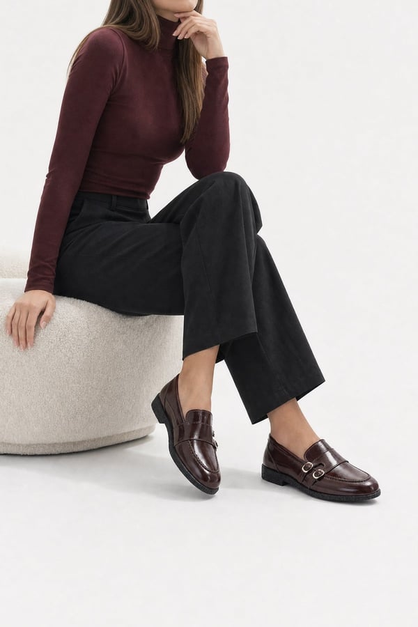46-2160-4-BORDO KIRISIK RUGANDALY Bordo Kırışık Rugan Hakiki Deri Tokalı Kadın Loafer Ayakkabı