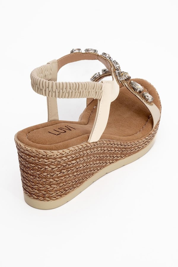 164-10008-2-BEJDİVİNE Bej Taşlı Kadın Dolgu Topuklu Sandalet