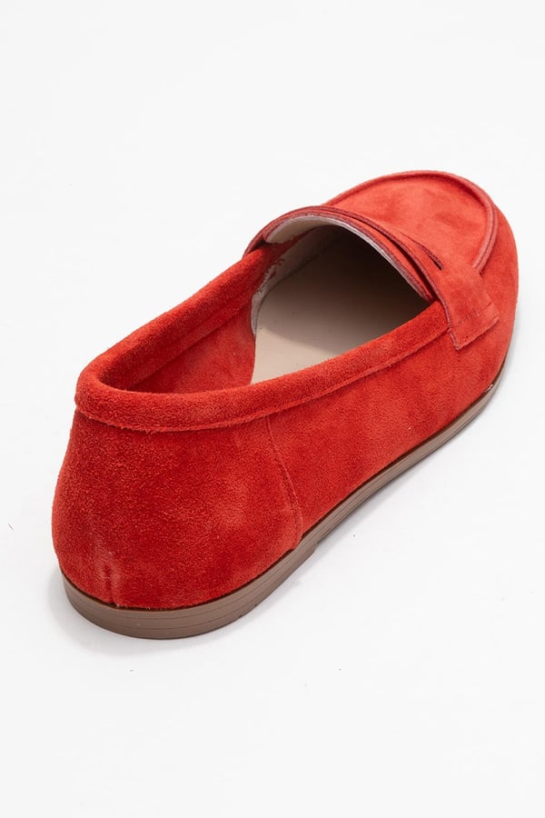63-F02-16F02 Kırmızı Süet Hakiki Deri Kadın Loafer Ayakkabı