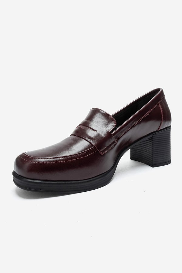 139-10-5-BORDO CILTKELLYS Bordo Cilt Hakiki Deri Kadın Topuklu Loafer Ayakkabı