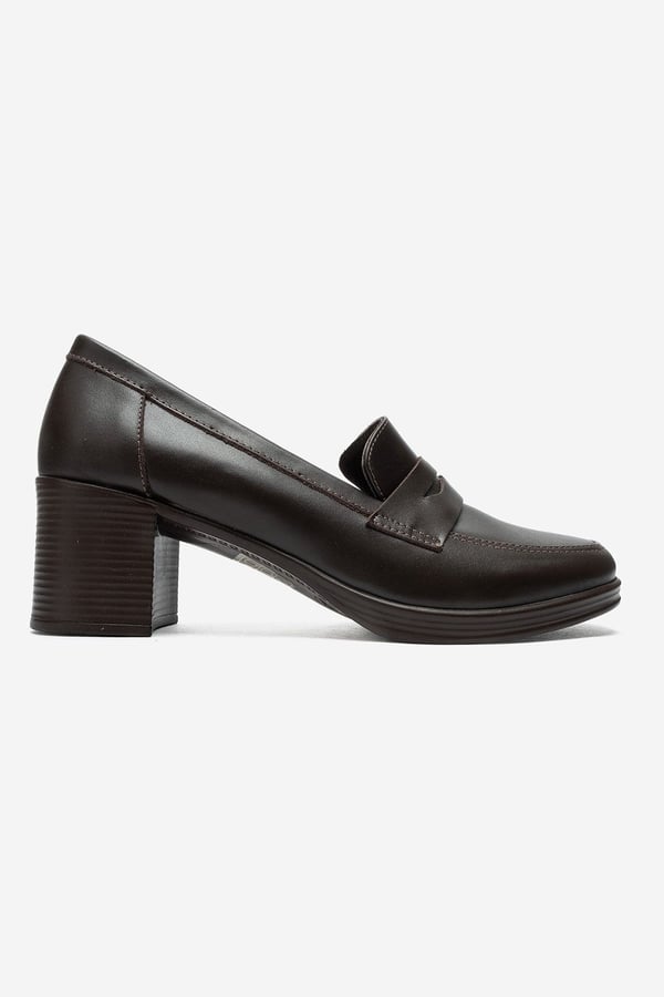139-10-2-KAHVERENGI CILTKELLYS Kahverengi Cilt Hakiki Deri Kadın Topuklu Loafer Ayakkabı