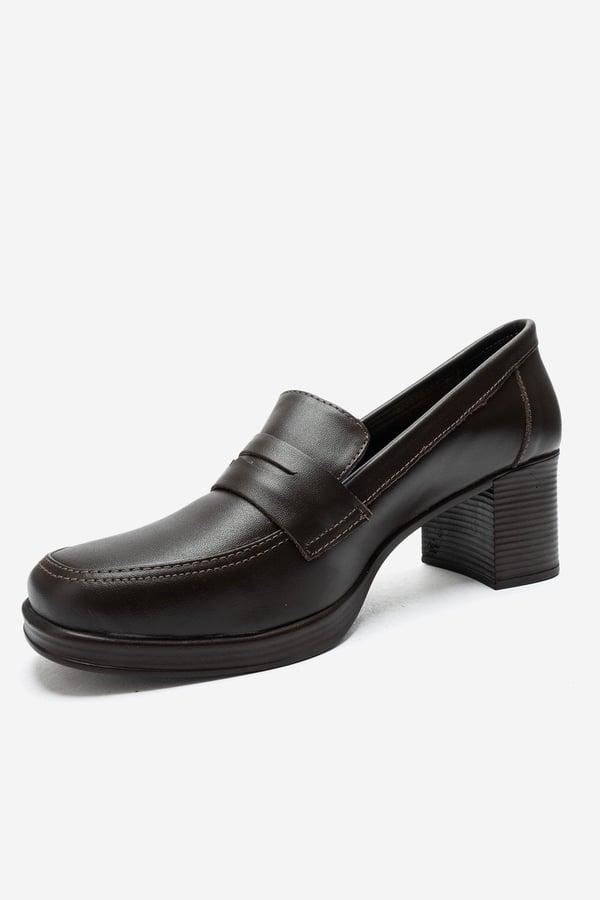 139-10-2-KAHVERENGI CILTKELLYS Kahverengi Cilt Hakiki Deri Kadın Topuklu Loafer Ayakkabı