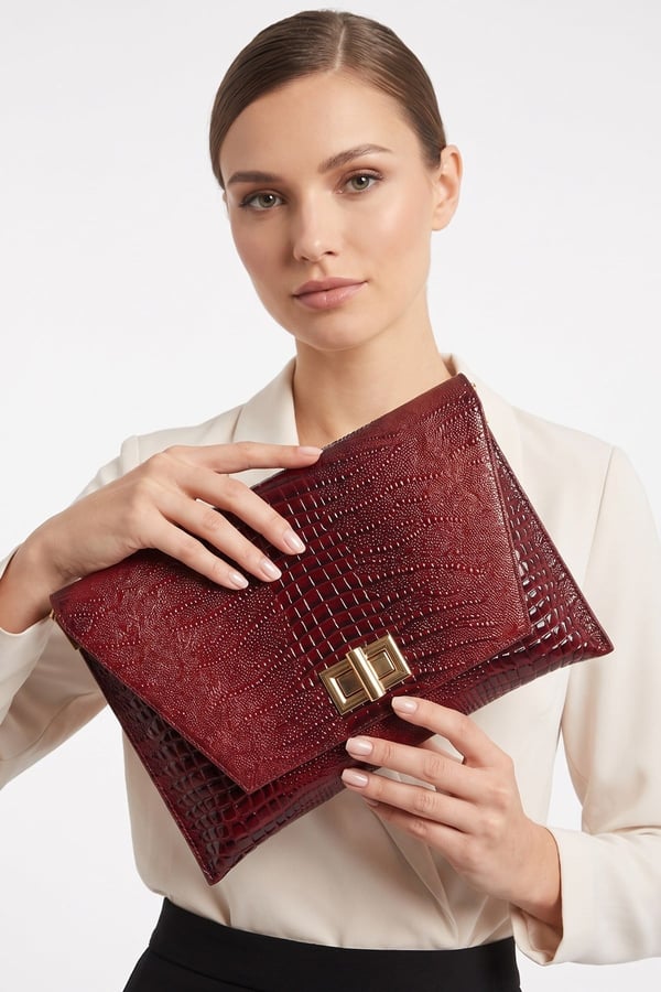 202-25-15-BORDO BASKI RUGANMAORI Bordo Baskı Rugan Kadın Clutch Çanta