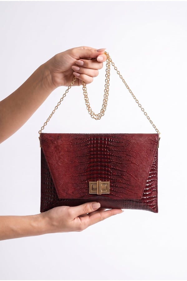 202-25-15-BORDO BASKI RUGANMAORI Bordo Baskı Rugan Kadın Clutch Çanta