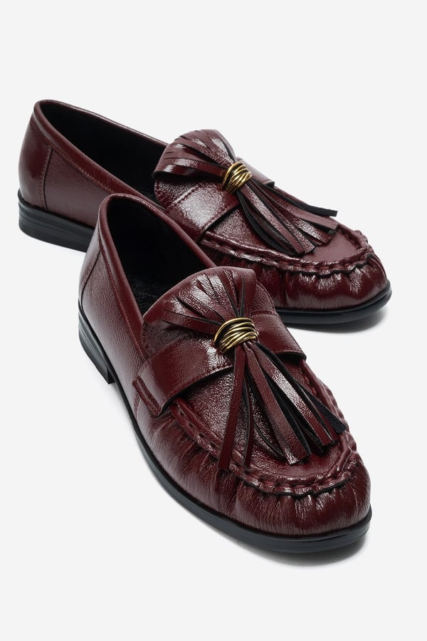 1-386K017-3-BORDO KIRISIK RUGANMARSTON Bordo Kırışık Rugan Püsküllü Kadın Loafer Ayakkabı