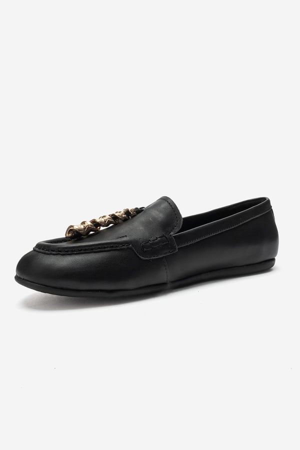 176-302-1-SIYAH CILTNOWELL Siyah Cilt Hakiki Deri Metal Fiyonklu Kadın Loafer Ayakkabı