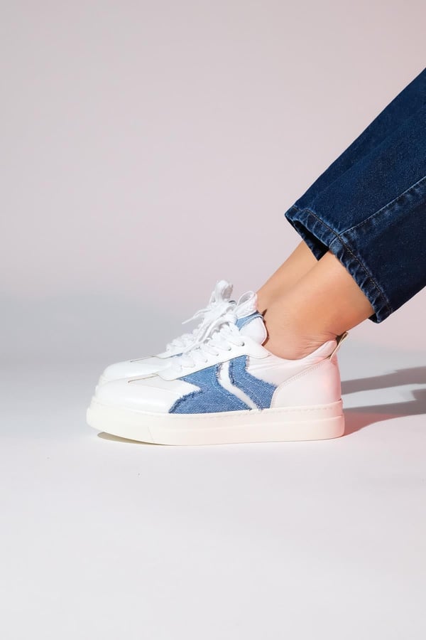 223-1513-1-BEYAZSANDE Beyaz Denim Detaylı Kadın Spor Sneakers