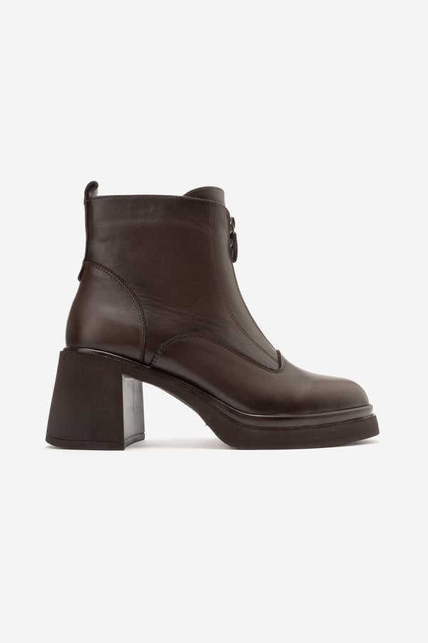 98-11201-2-KAHVERENGI CILTSTENA Kahverengi Cilt Hakiki Deri Fermuar Detaylı Kadın Kalın Topuklu Bot