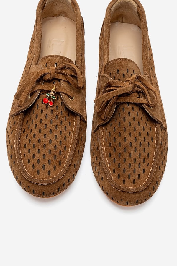176-400-9-TABA SUETSTEVO Taba Süet Hakiki Deri Delikli Bağcıklı Kadın Loafer Ayakkabı