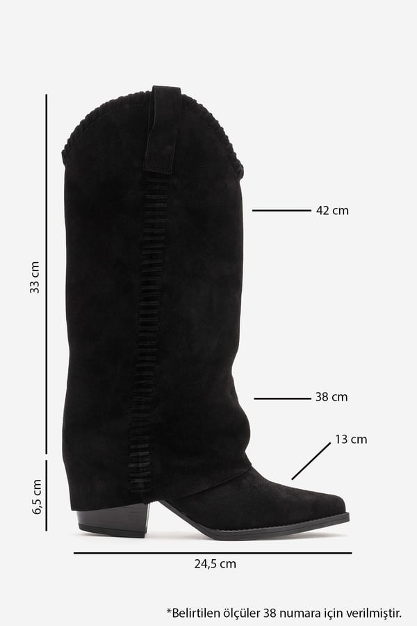 9-4500-4-SIYAH SUETTYLER Siyah Süet Hakiki Deri Dikişli Kadın Western Çizme