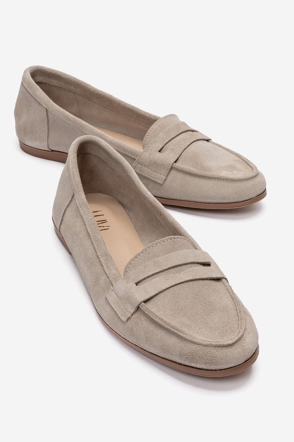 63-F02-43F02 Bej Süet Hakiki Deri Kadın Loafer Ayakkabı