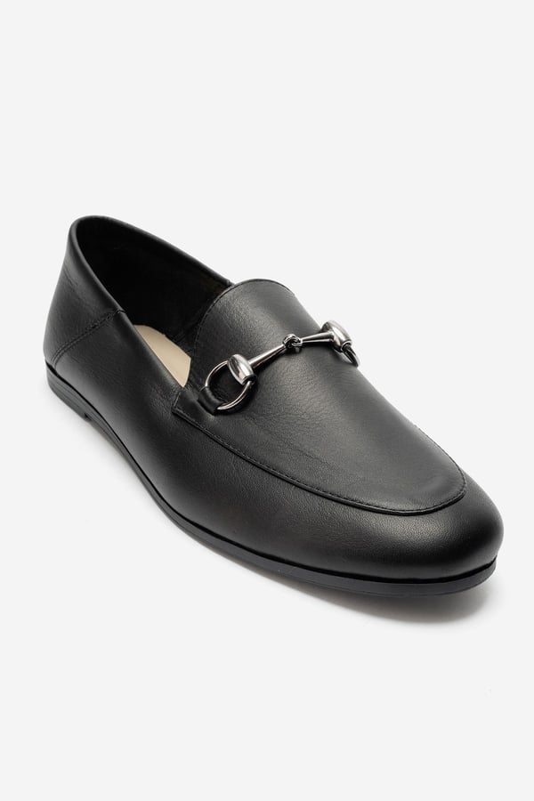 63-f03-13F03 Siyah Cilt Hakiki Deri Kadın Loafer Ayakkabı