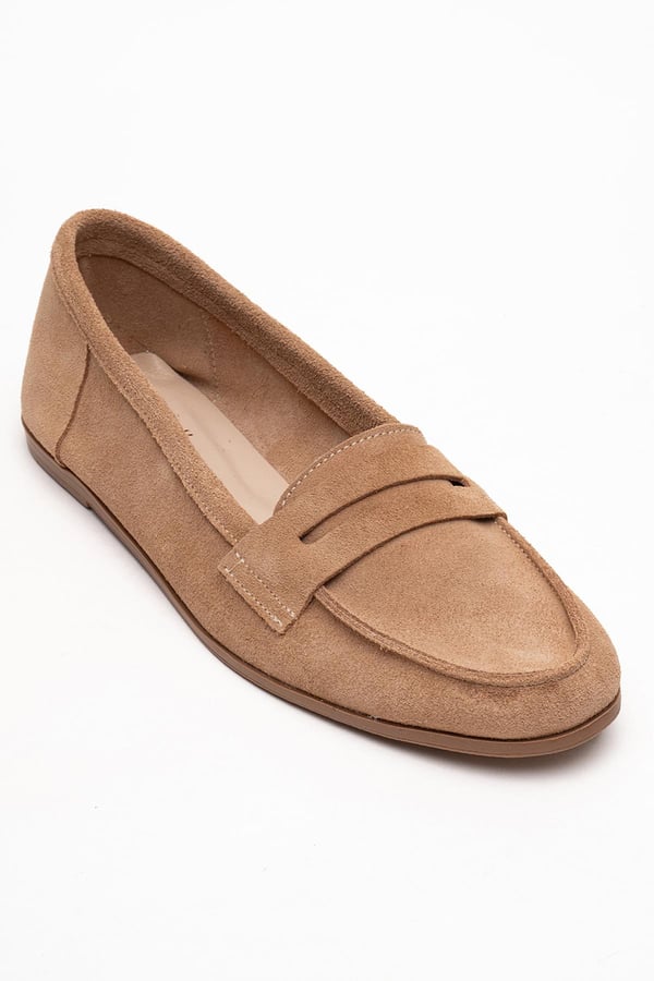 63-F02-60-KOYU BEJ SUETF02 Koyu Bej Süet Hakiki Deri Kadın Loafer Ayakkabı