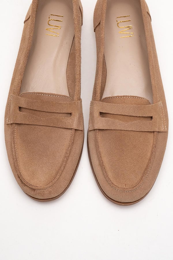 63-F02-60-KOYU BEJ SUETF02 Koyu Bej Süet Hakiki Deri Kadın Loafer Ayakkabı