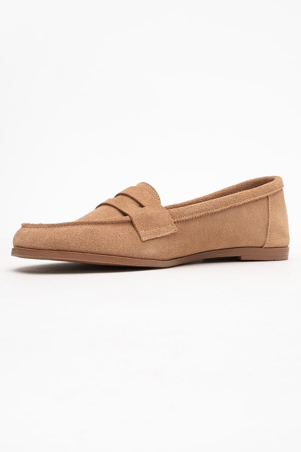 63-F02-60-KOYU BEJ SUETF02 Koyu Bej Süet Hakiki Deri Kadın Loafer Ayakkabı