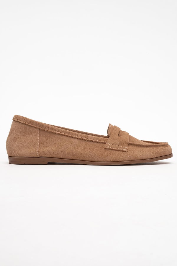 63-F02-60-KOYU BEJ SUETF02 Koyu Bej Süet Hakiki Deri Kadın Loafer Ayakkabı