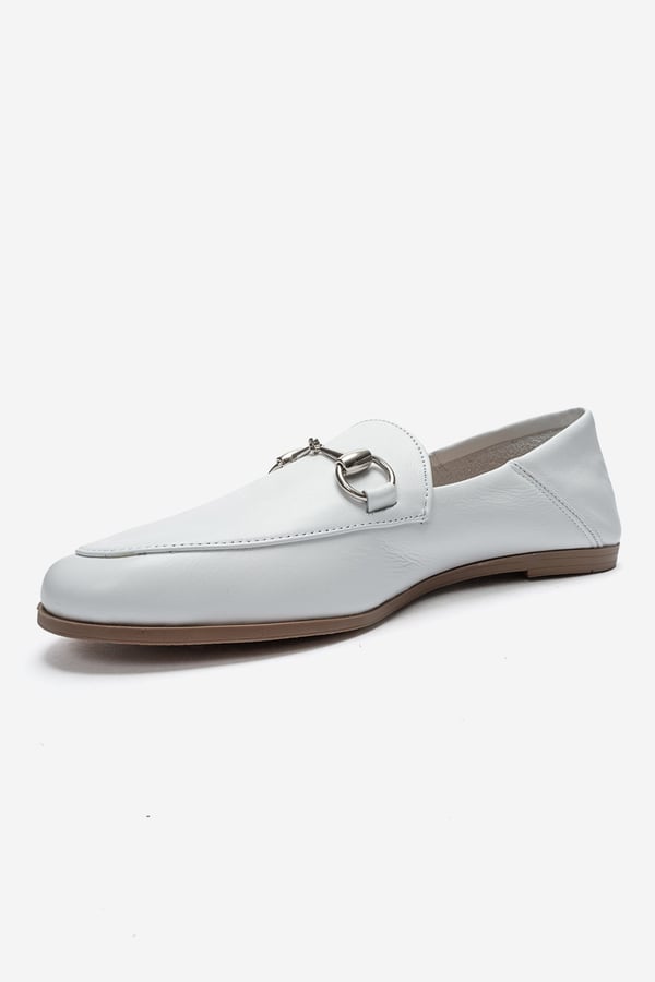 63-F03-17F03 Beyaz Cilt Hakiki Deri Kadın Loafer Ayakkabı