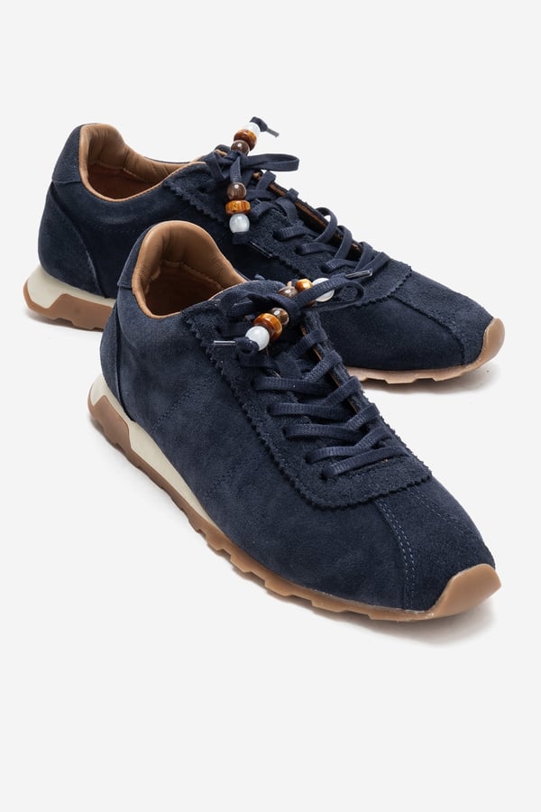 210-45129-4-LACIVERT SUETBREA Lacivert Süet Hakiki Deri Boncuklu Kadın Günlük Sneaker