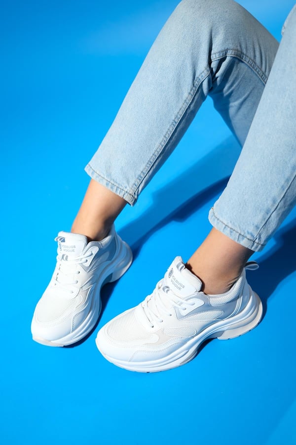 98-30162-4-BEYAZ/GRICROWN Beyaz Gri Bağcıklı Kadın Kalın Taban Spor Sneakers