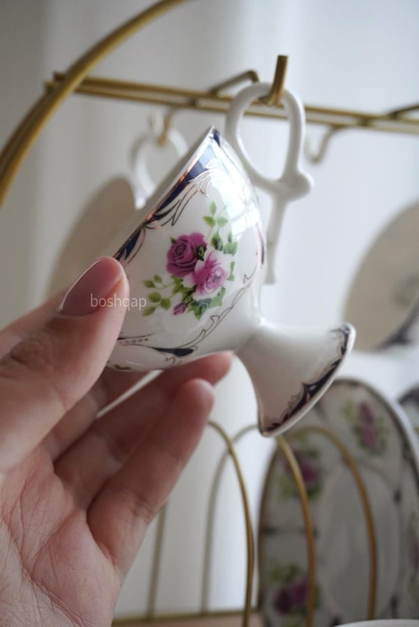 Vintage Floral Lacivert 6 Kişilik 12 Parça Porselen Türk Kahve Fincan Takımı