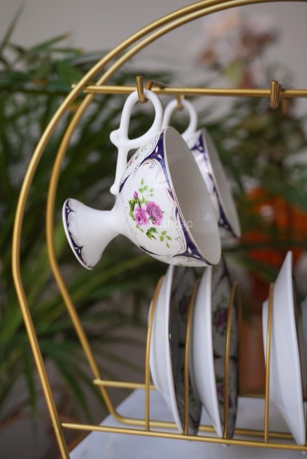 Vintage Floral Lacivert 6 Kişilik 12 Parça Porselen Türk Kahve Fincan Takımı