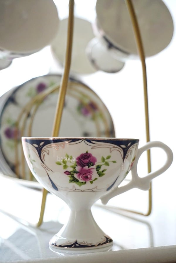 Vintage Floral Lacivert 6 Kişilik 12 Parça Porselen Türk Kahve Fincan Takımı