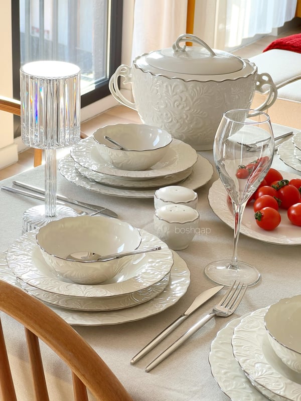 Lagos Kabartma Dokulu Porselen 59 Parça 12 Kişilik Yemek Takımı Gümüş