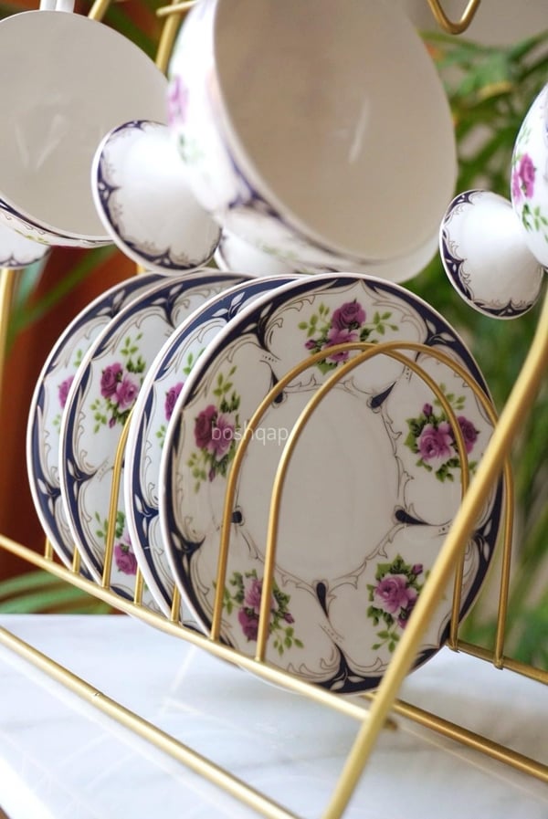Vintage Floral Lacivert 6 Kişilik 12 Parça Porselen Türk Kahve Fincan Takımı