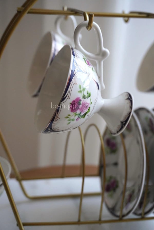 Vintage Floral Lacivert 6 Kişilik 12 Parça Porselen Türk Kahve Fincan Takımı