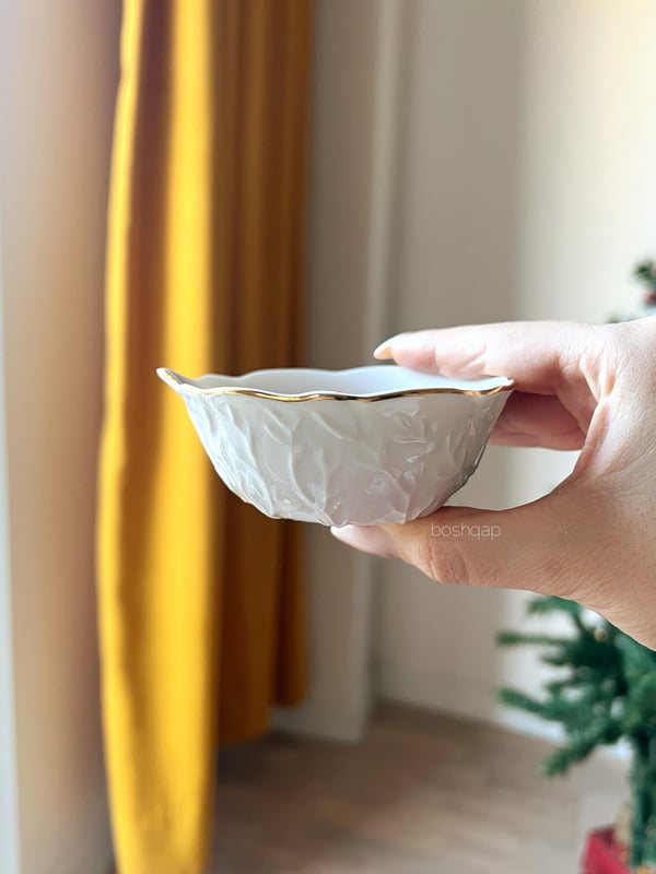 Sarmaşık Desen 4 lü Porselen Yaldızlı Mini Kayık Sunum Kasesi Beyaz