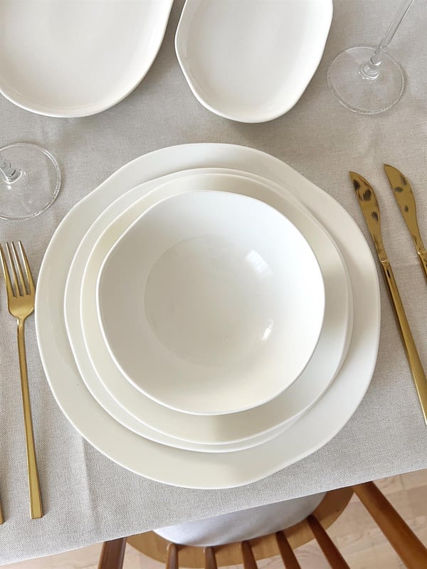 Asimetrik 48 Parça 12 Kişilik Beyaz Porselen Yemek Takımı