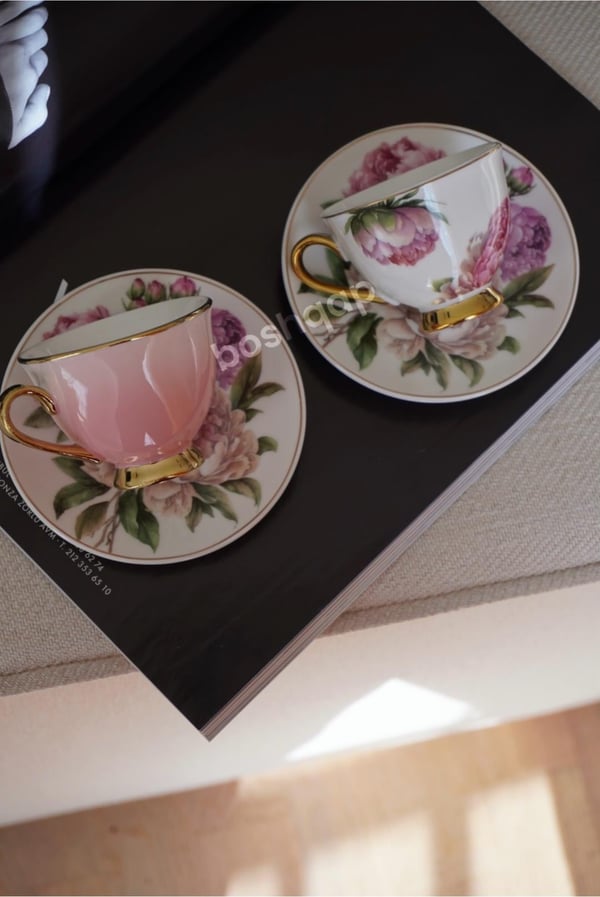  Magnolia Pembe 6 Kişilik 12 Parça Porselen Double Türk Kahve Fincan Takımı