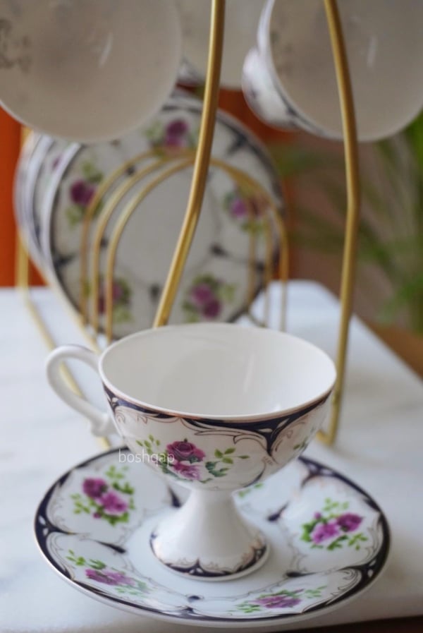 Vintage Floral Lacivert 6 Kişilik 12 Parça Porselen Türk Kahve Fincan Takımı