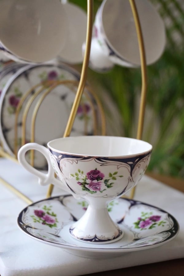 Vintage Floral Lacivert 6 Kişilik 12 Parça Porselen Türk Kahve Fincan Takımı