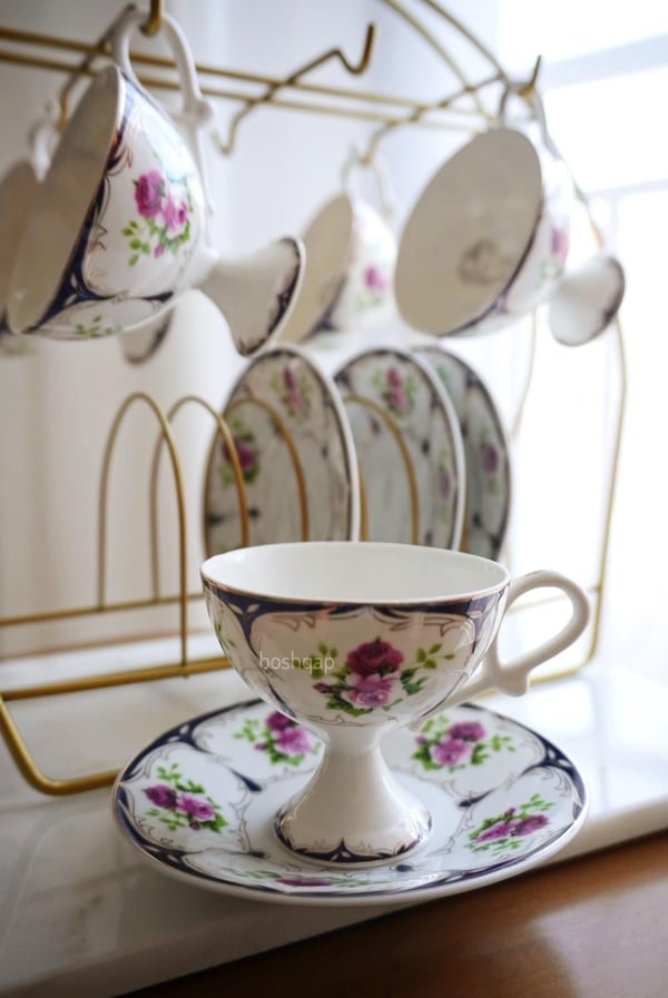 Vintage Floral Lacivert 6 Kişilik 12 Parça Porselen Türk Kahve Fincan Takımı