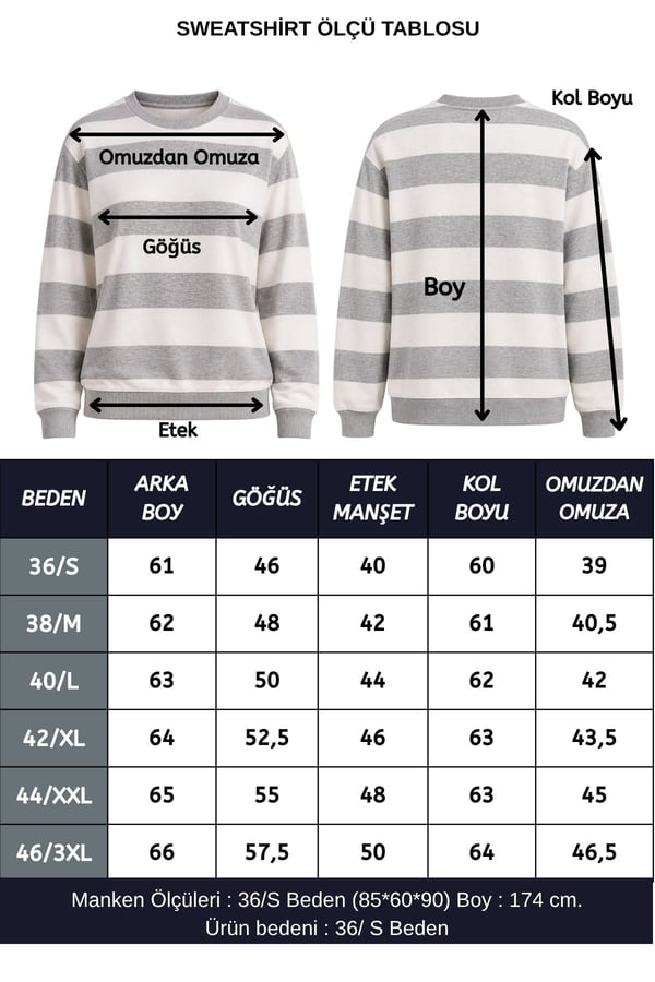 Kadın Bisiklet Yaka Sweatshirt Normal Kalıp Uzun Kollu-Gri Çizgili