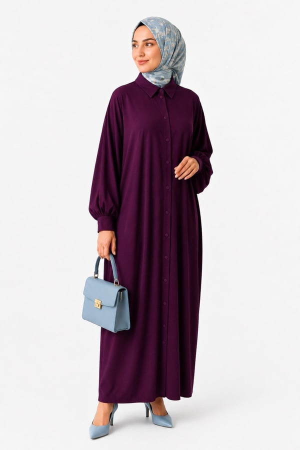 Kadın Sandy Tesettür Gömlek Elbise Abaya-Vişne
